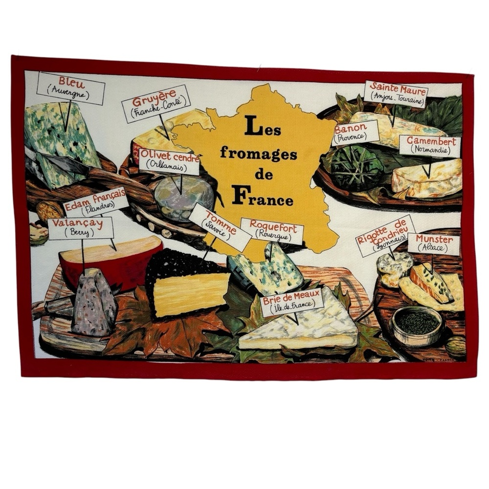 French cheese themed tea towel 18.5 X 27 artsy bright EUC